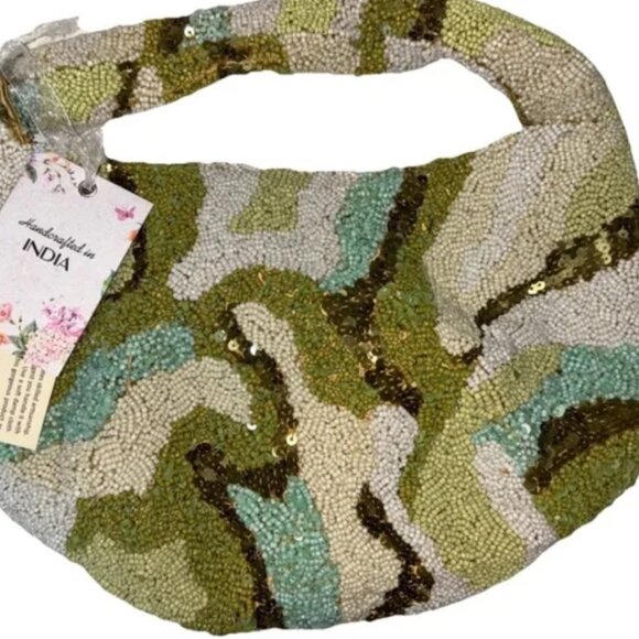 Handcrafted in India Tik Tok Viral Green Beaded Sequin Bag Camo Design NWT - Picture 4 of 5